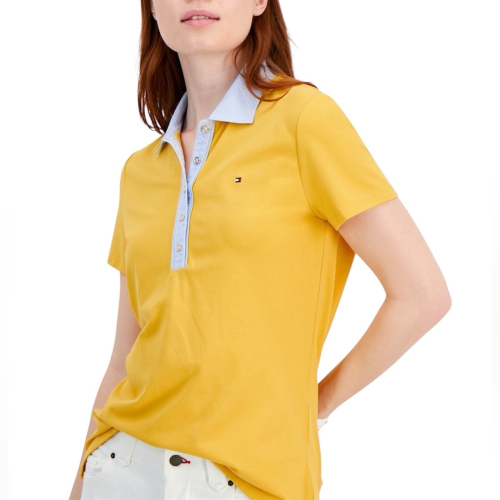 Tommy Hilfiger Women's Striped-Collar Polo Shirt - Deep Maize Size Medium